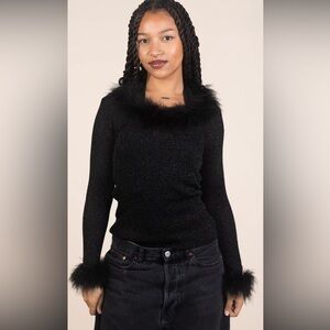 Joseph A Black Sweater with Fuzzy Trim